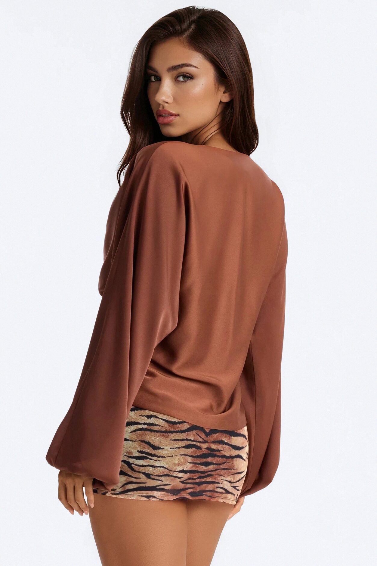 Isabella Open Front Satin Blouse - Chocolate