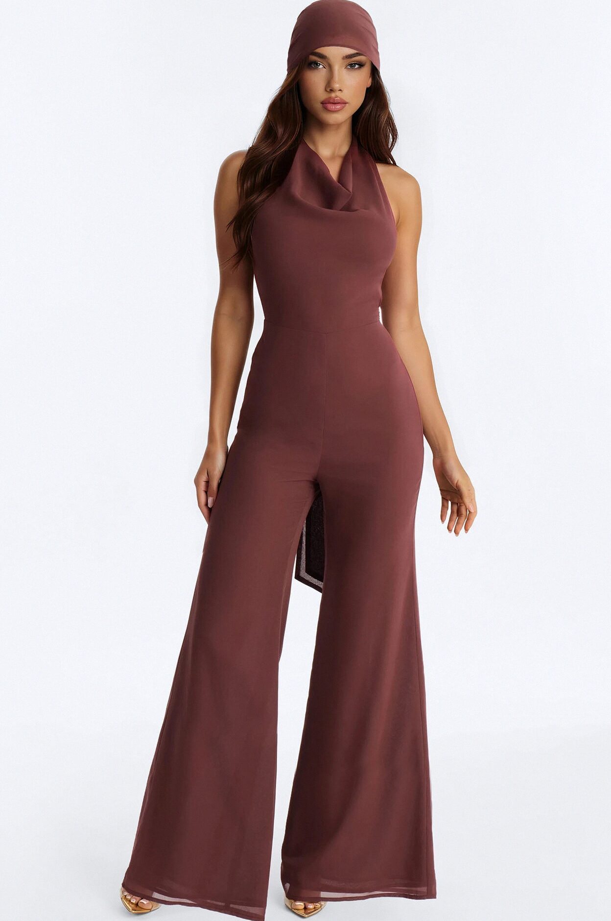 Angelica 2 Piece Chiffon Head Scarf Jumpsuit - Brown