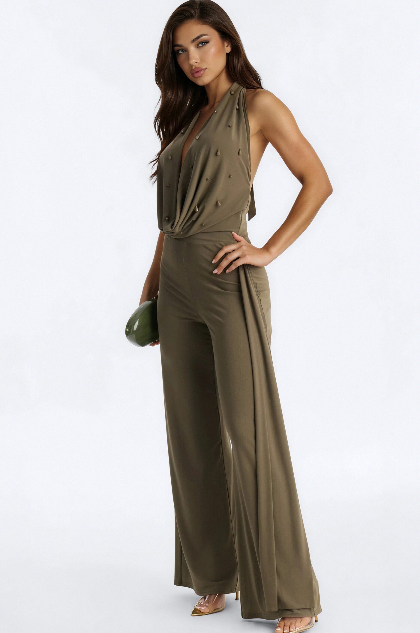 Sara Mesh Beaded Jumpsuit - Olive