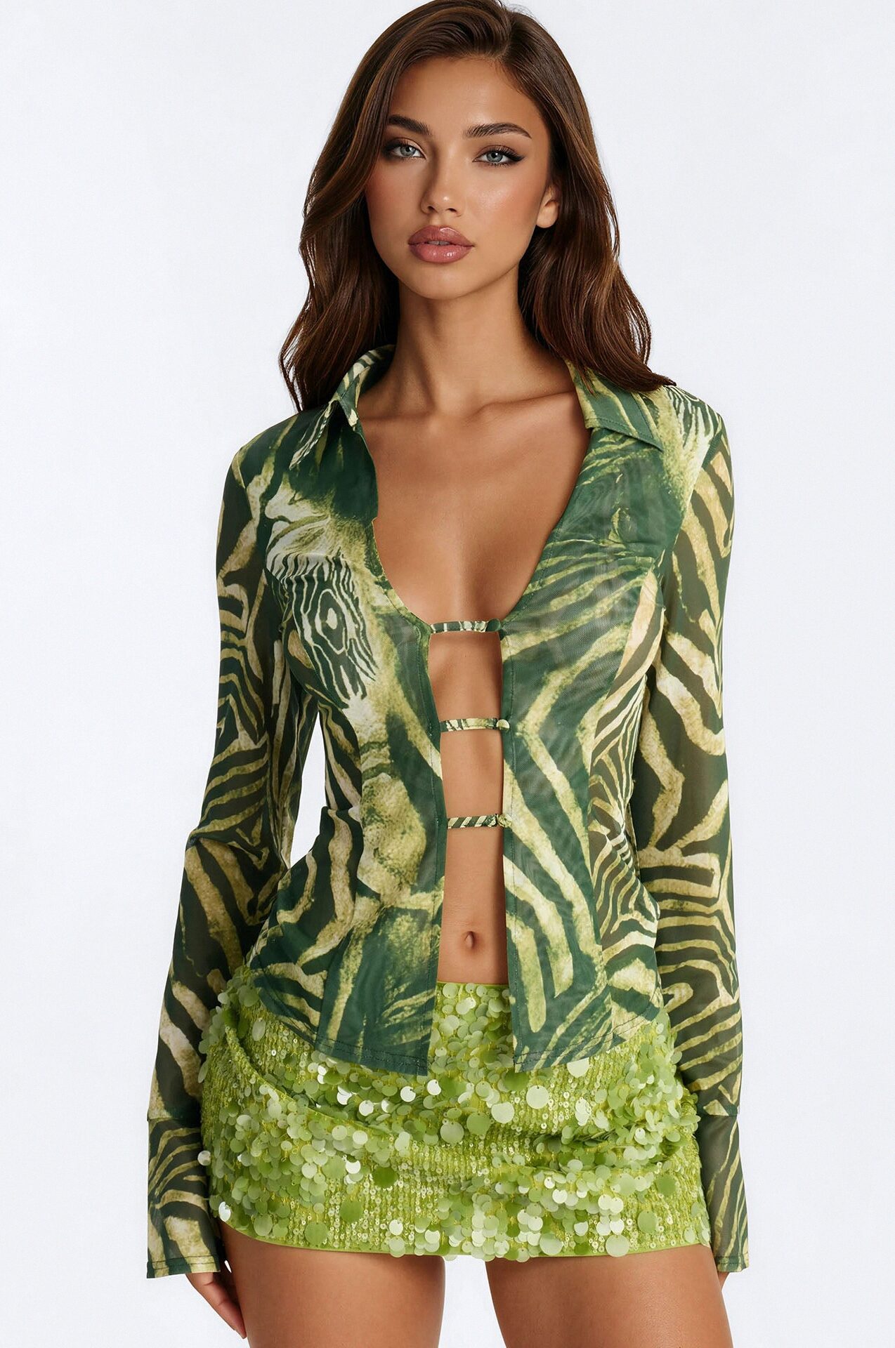 Untamed Energy Tiger Sheer Mesh Long Sleeve Shirt - Green/combo