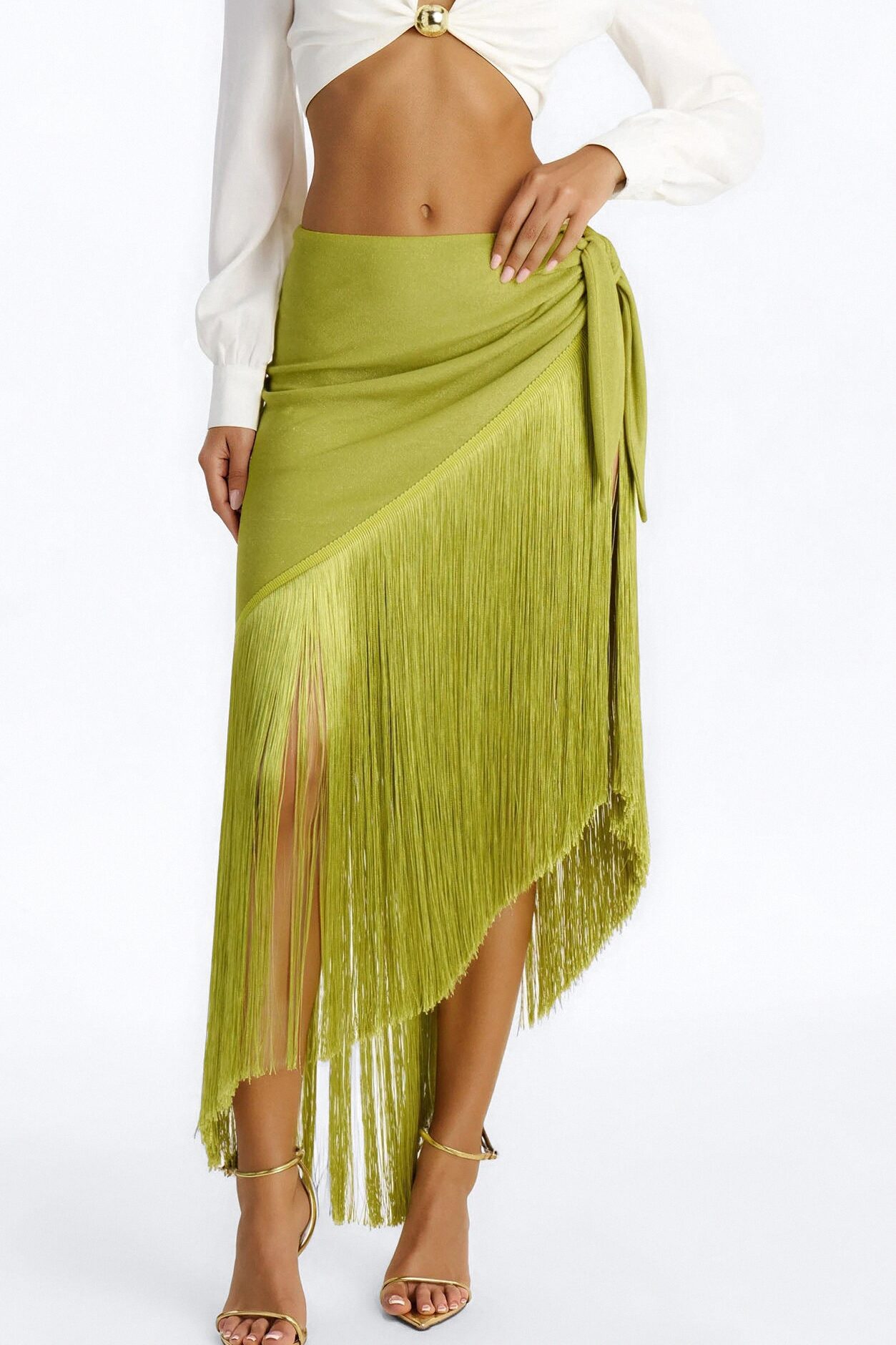 Somewhere Tropical Metallic Knit Fringe Midi Skirt - Green