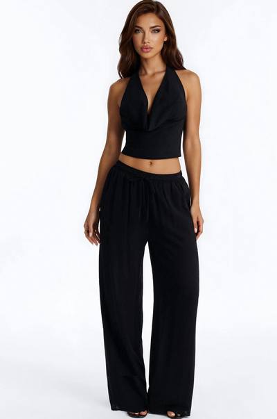 In Cannes For The Summer Wide Leg Gauze Pant - Black