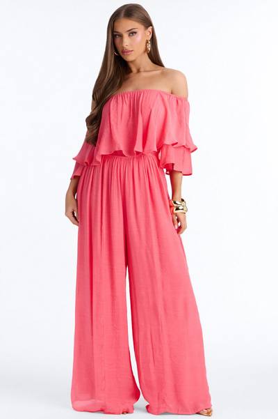 Off To Brunch Ruffle Wide Leg Jumpsuit - Coral