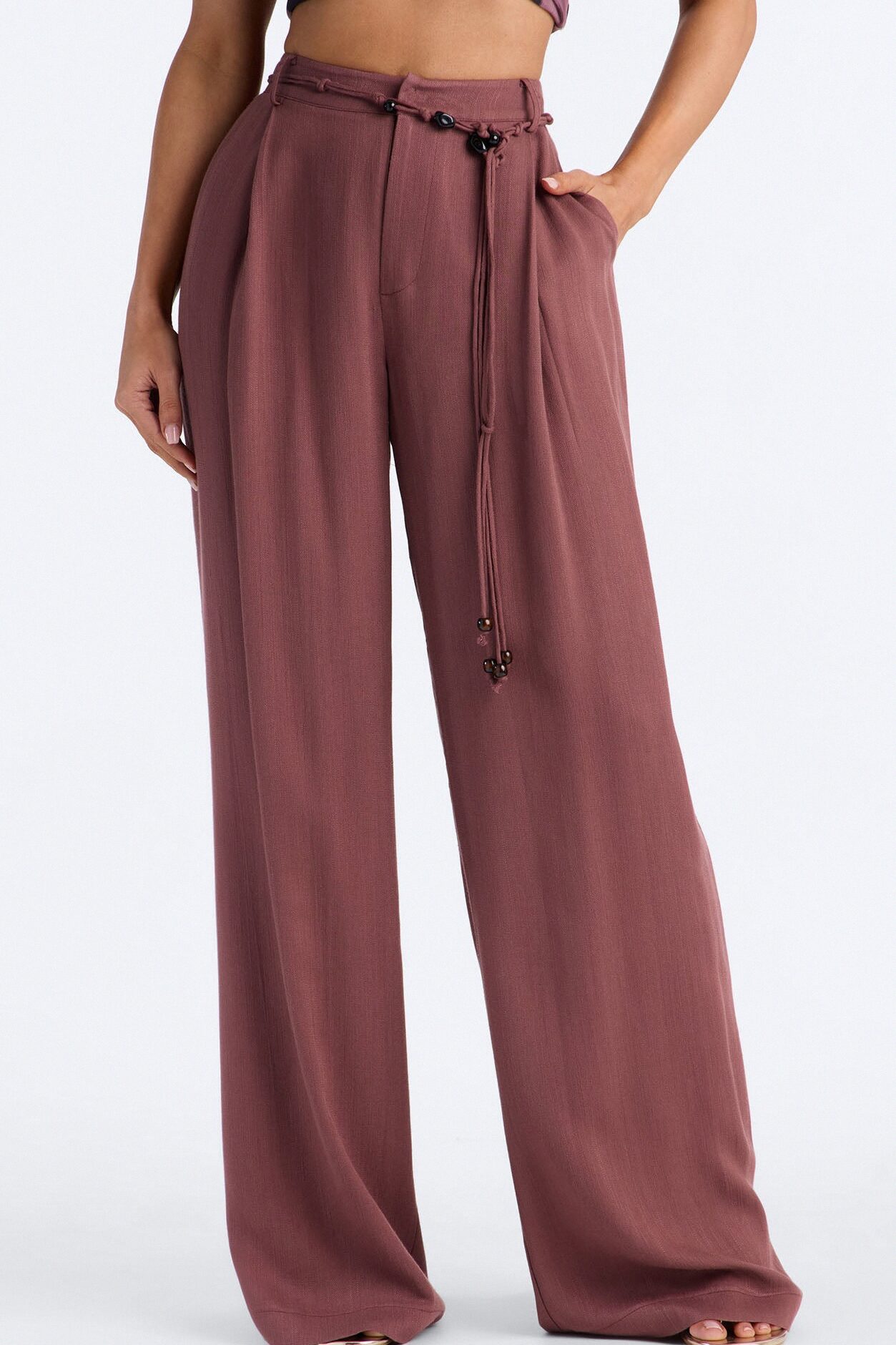 Summer Belted Textured Wide Leg Trouser - Brown