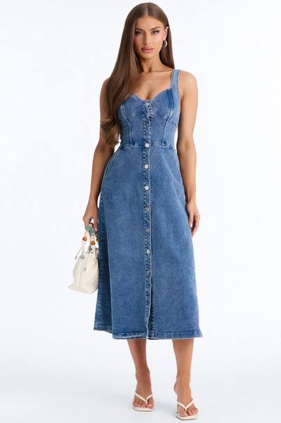 Cara Button Up Denim Midi Dress - Denim
