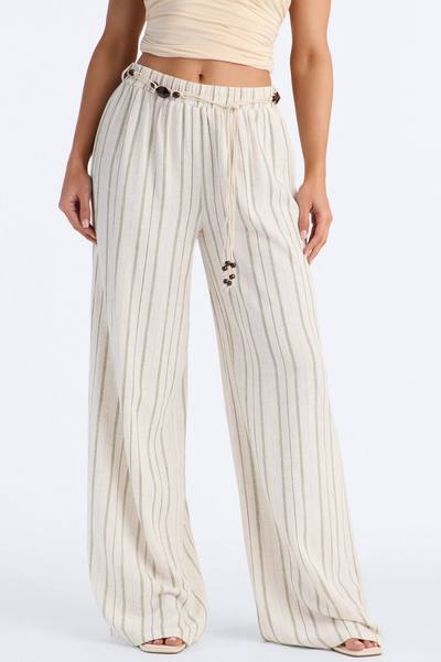 Lane Low Rise Linen Belted Pant - Green/combo