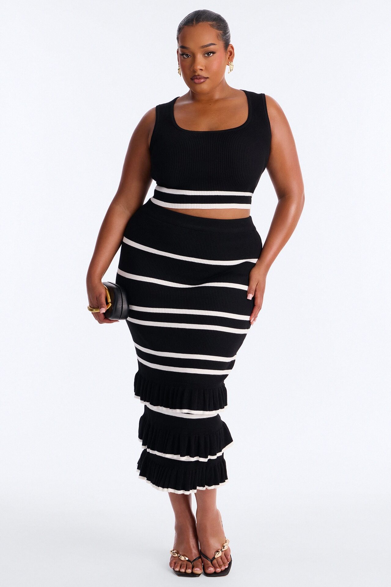 Renee Striped Sweater Ruffle Maxi Skirt Set - Black