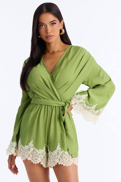 Cherie Lace Trim Tie Waist Romper - Green