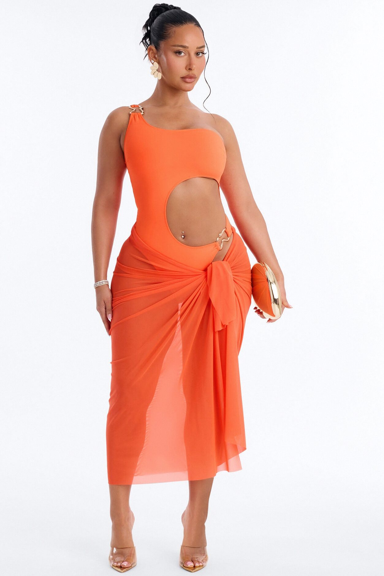 Stay Salty Hardware Cut Out Sheer 2 Piece Swimsuit - Orange
