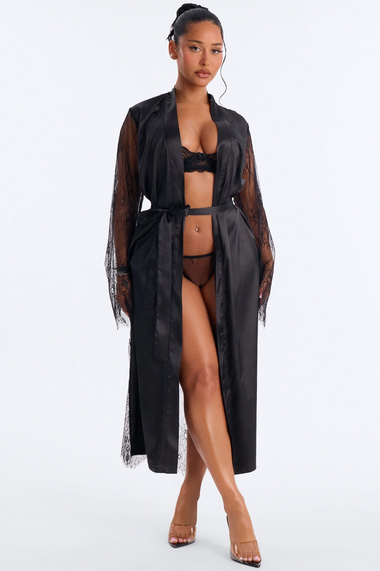 Grace Satin Lace Back Robe - Black