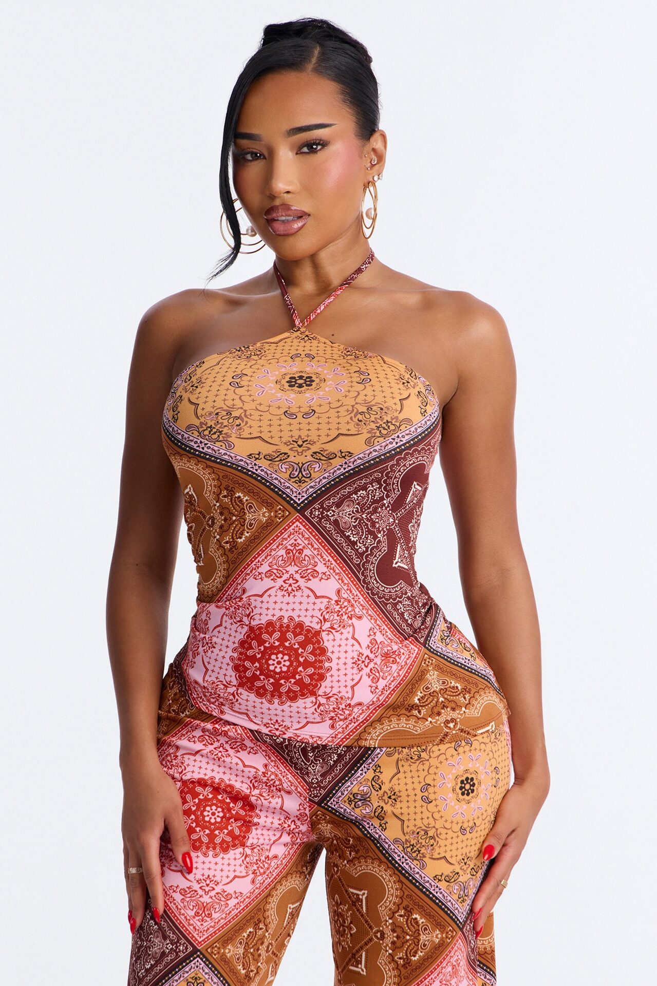 Heather Bandana Print Halter Pant Set - Pink/combo
