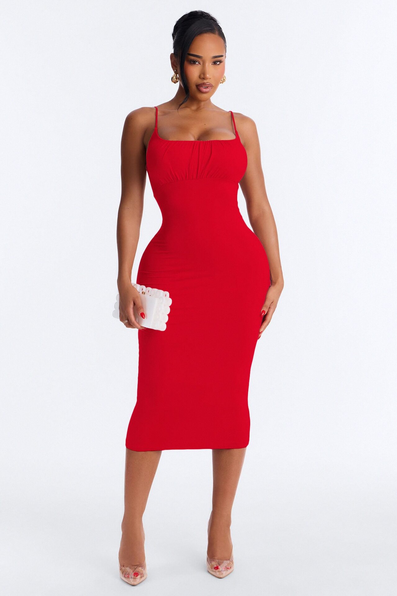 Alessia Ruched Midi Dress - Red