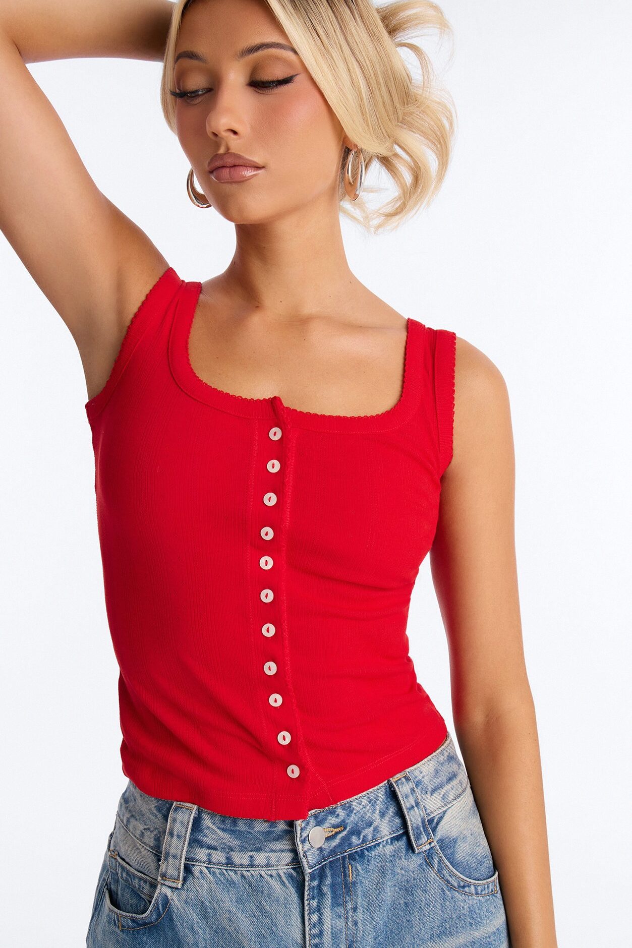 Pointelle Button Front Scoop Neck Tank Top - Red