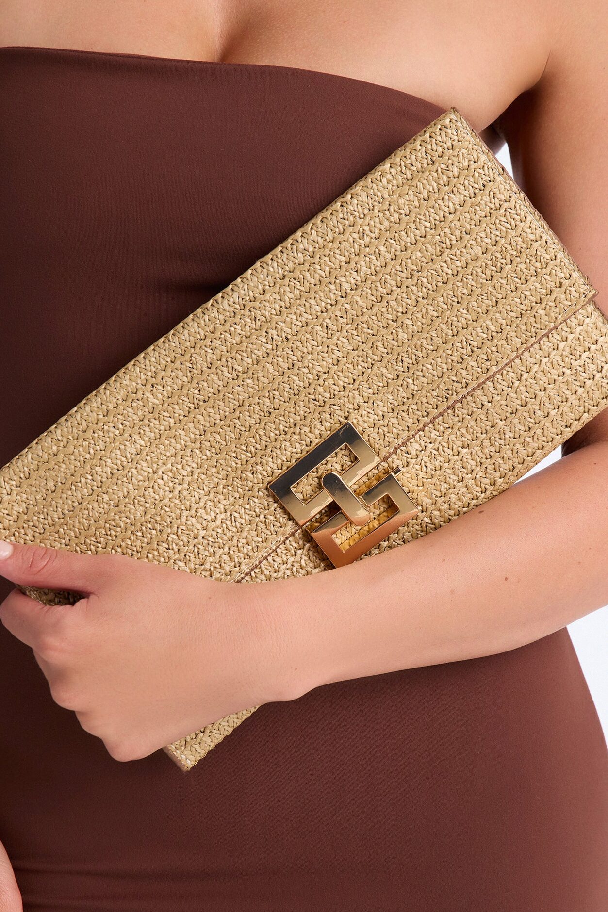 Dinner On The Beach Straw Clutch - Natural