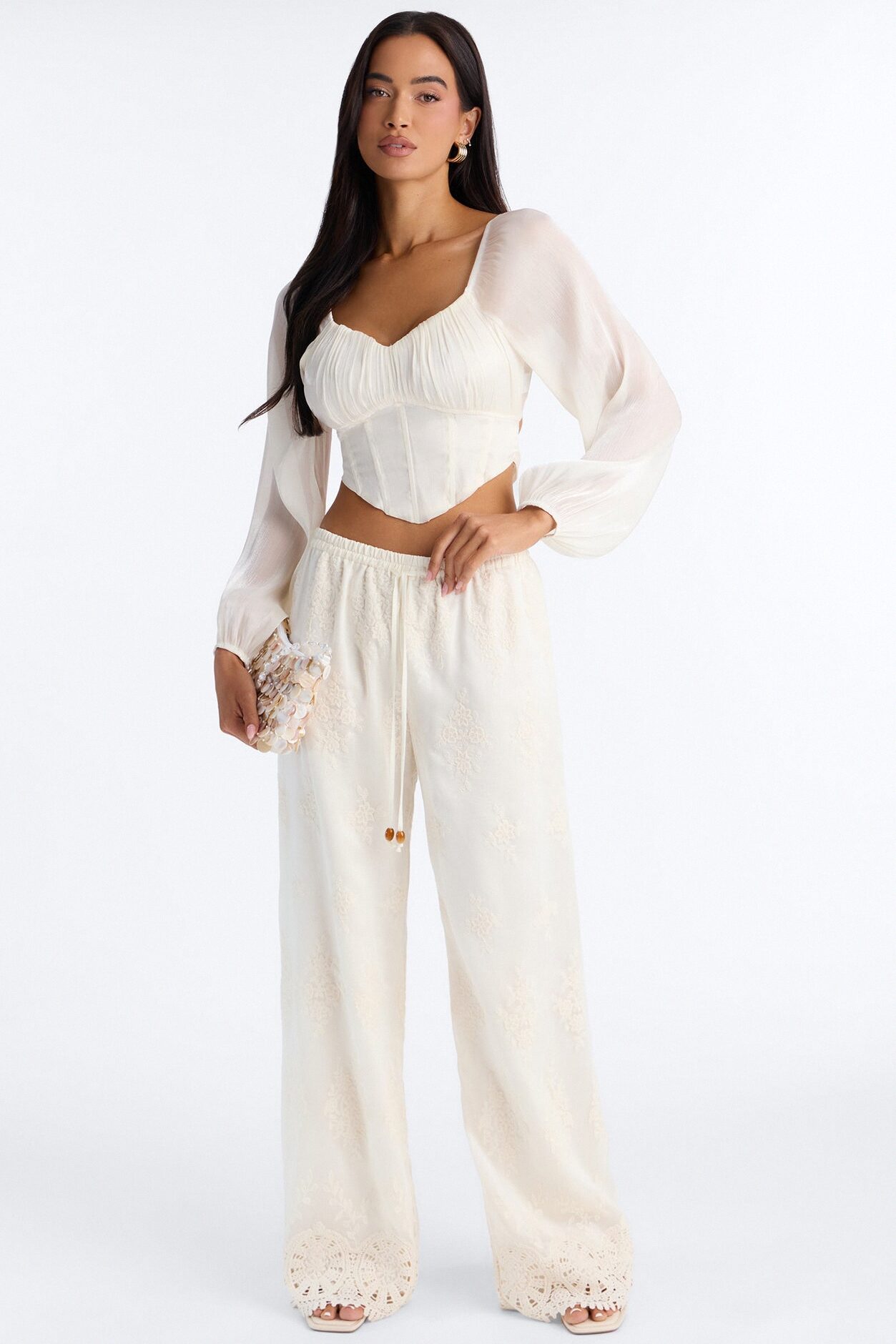 Adriane Embroidered Drawstring Wide Leg Pant - Ivory