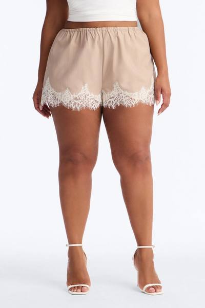 Gabriette Pinstripe Flowy Lace Trim Micro Short - Taupe/combo