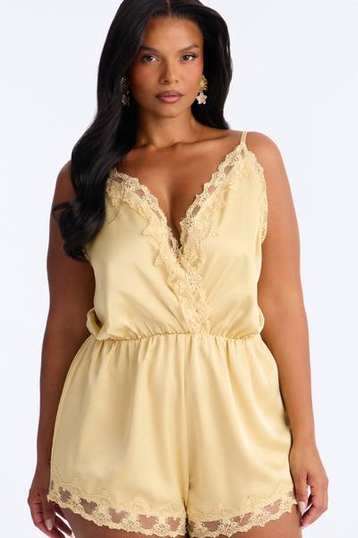 Rina Satin Lace Trim Micro Romper - Yellow