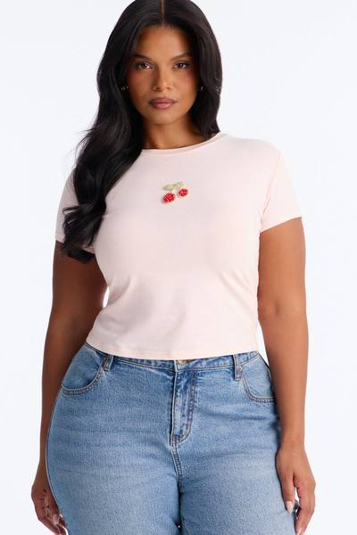 Cherry Embellished Baby Tee - Pink