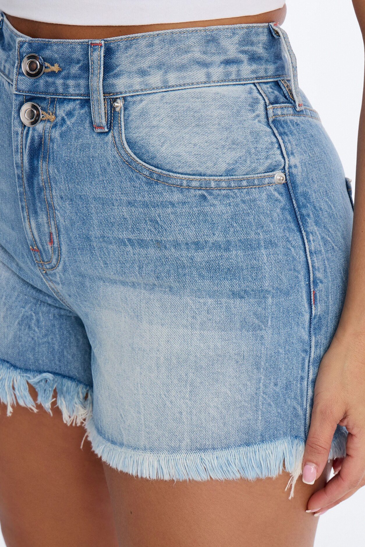 Time Again Cut Off Fray Denim Shorts - Medium Wash