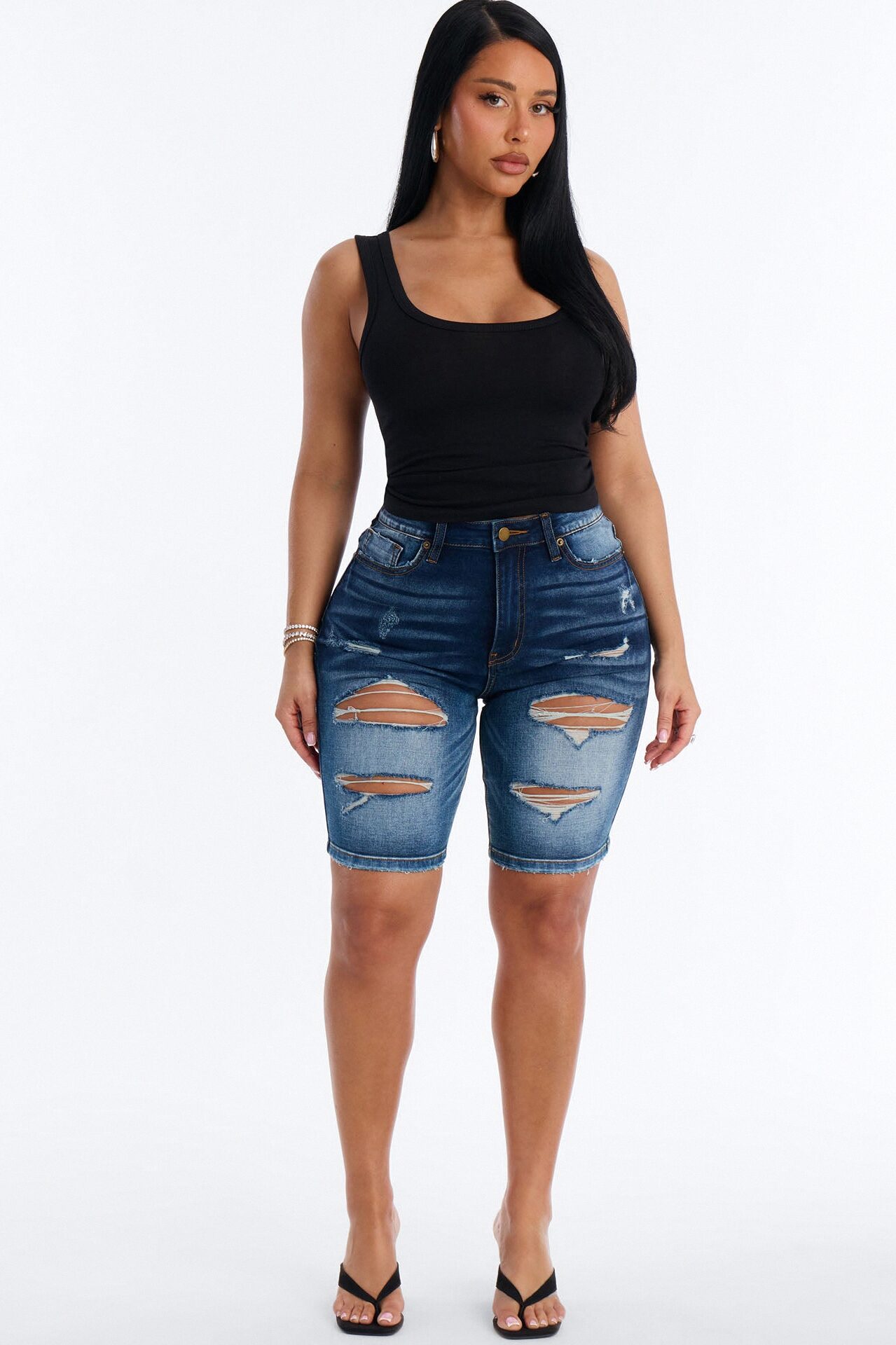 On The List Deluxe Ripped Stretch Bermuda Shorts - Dark Wash