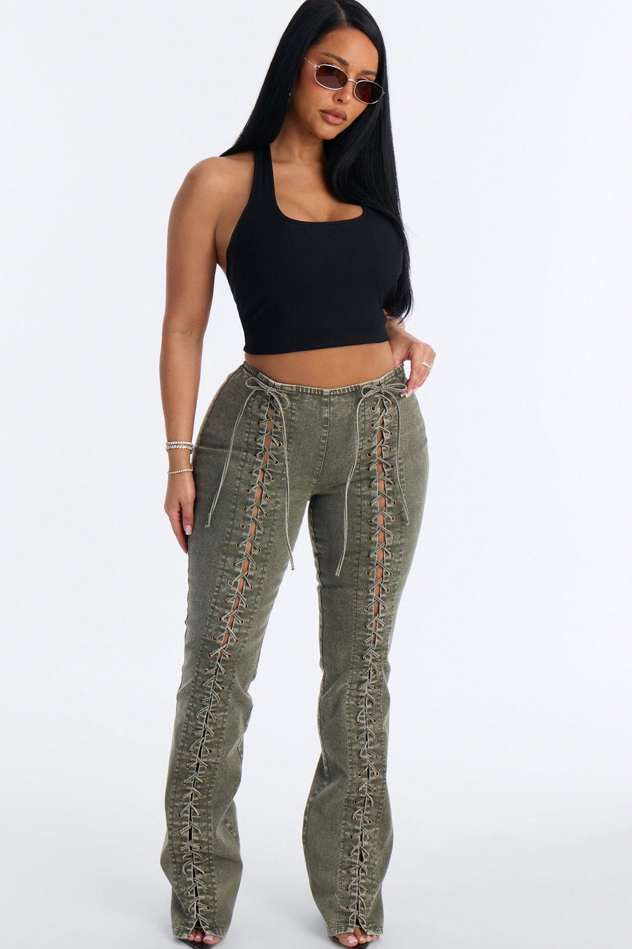 Iconic Moments Lace Up Skinny Straight Pant - Olive