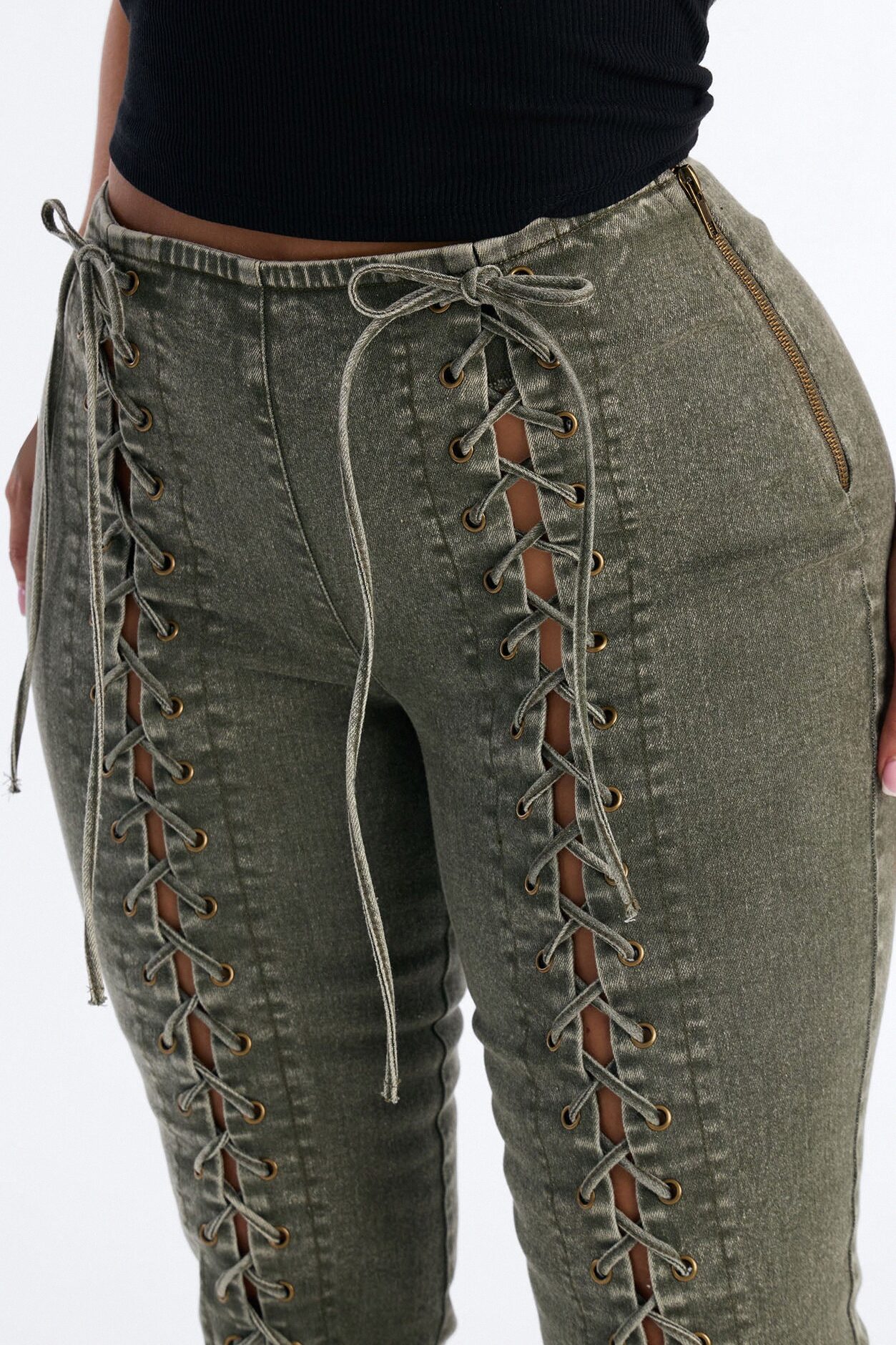 Iconic Moments Lace Up Skinny Straight Pant - Olive