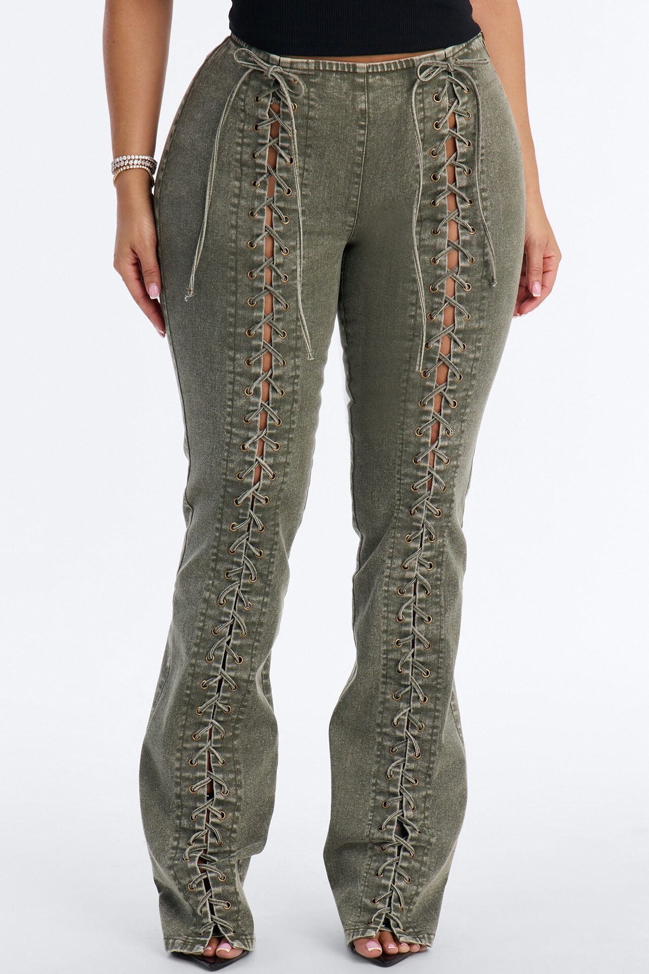 Iconic Moments Lace Up Skinny Straight Pant - Olive