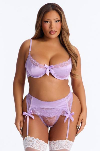 Mikayla 3 Piece Satin Bra And Panty Garter Set - Lavender