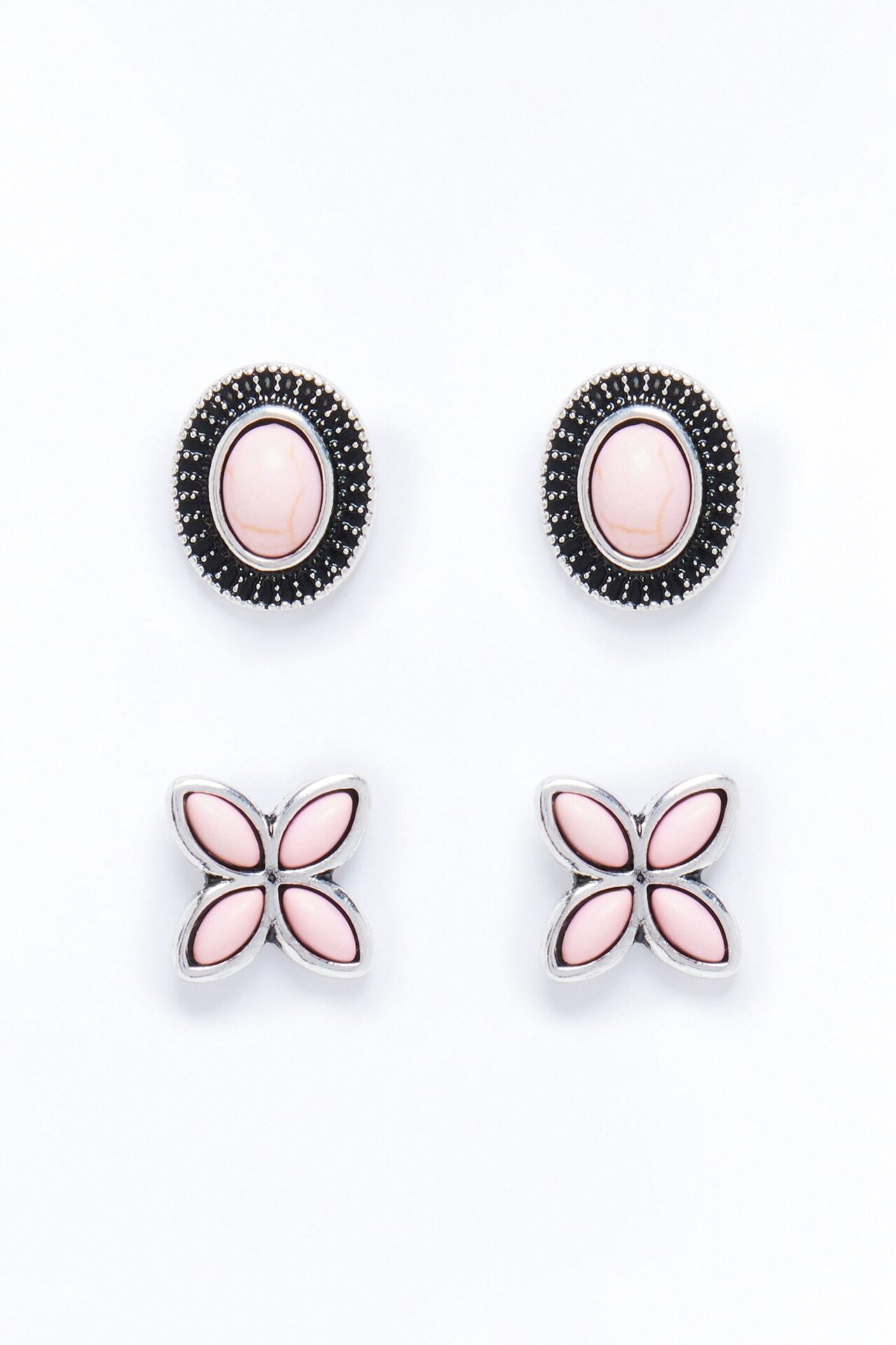 Jeweled Stone 2 Pair Earring Set - Silver/Combo