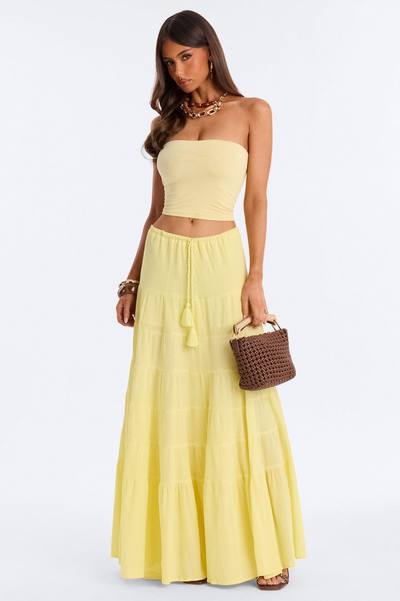 Summer Haze Tiered Rope Tie Waist Maxi Skirt - Yellow