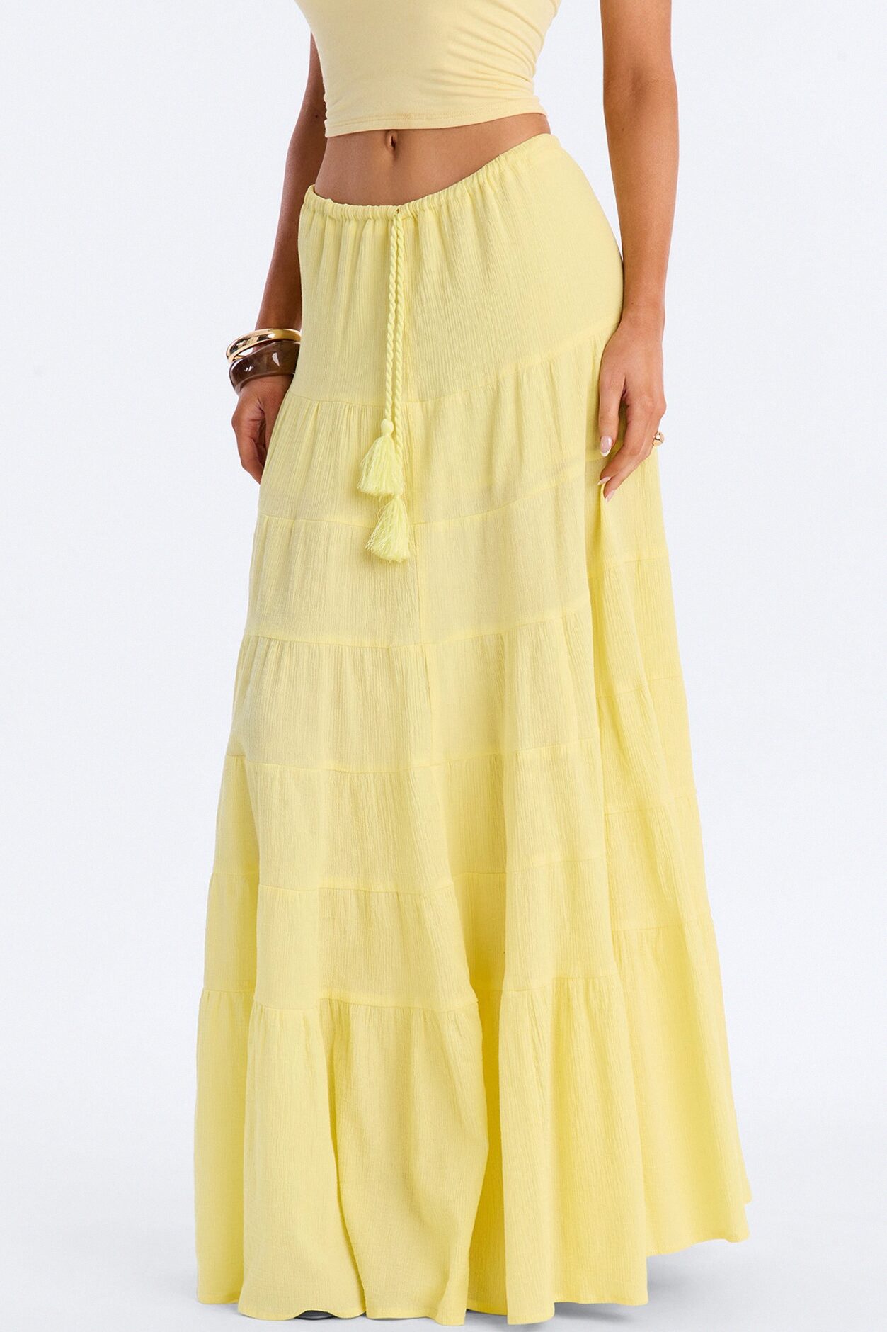 Summer Haze Tiered Rope Tie Waist Maxi Skirt - Butter Yellow