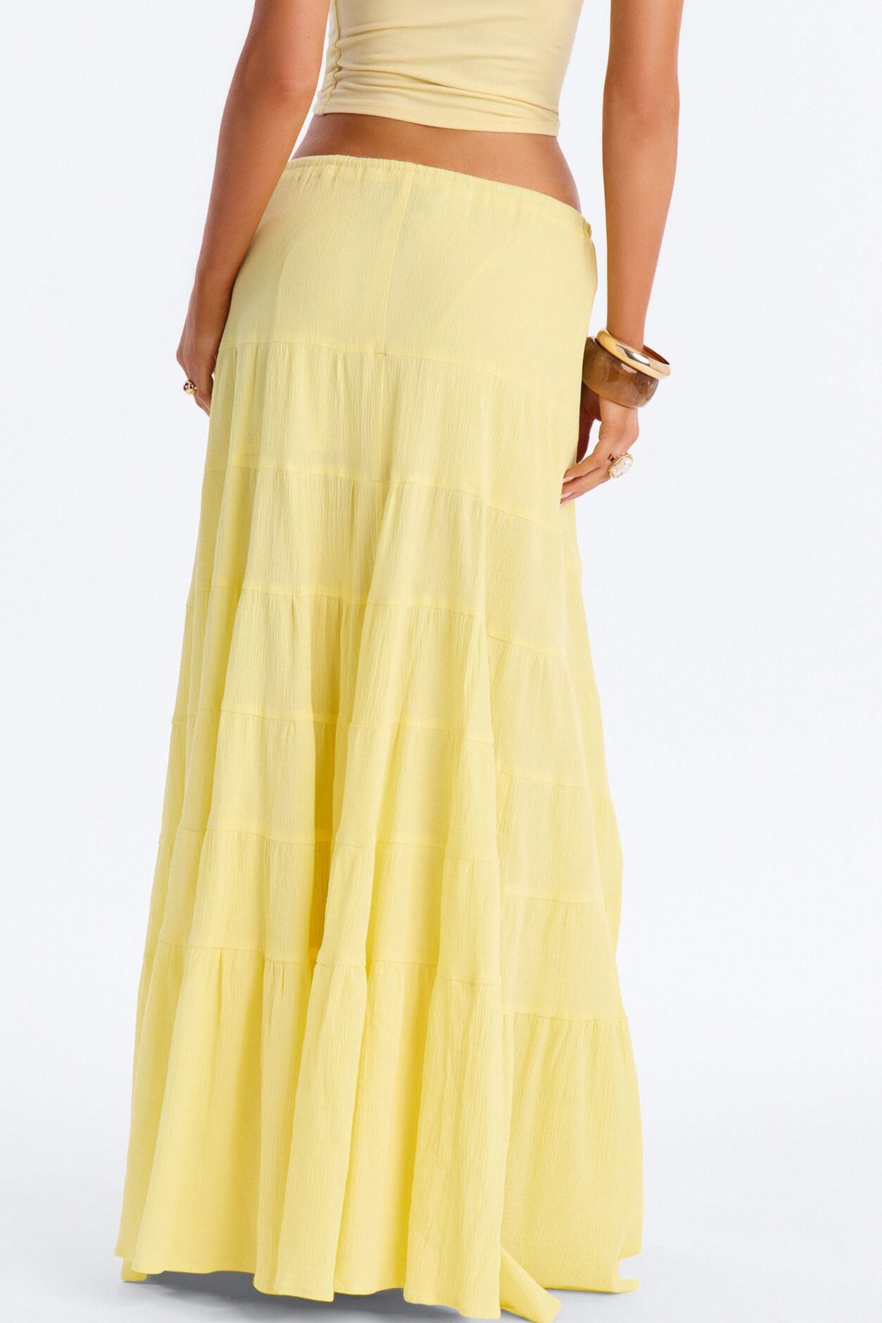 Summer Haze Tiered Rope Tie Waist Maxi Skirt - Butter Yellow