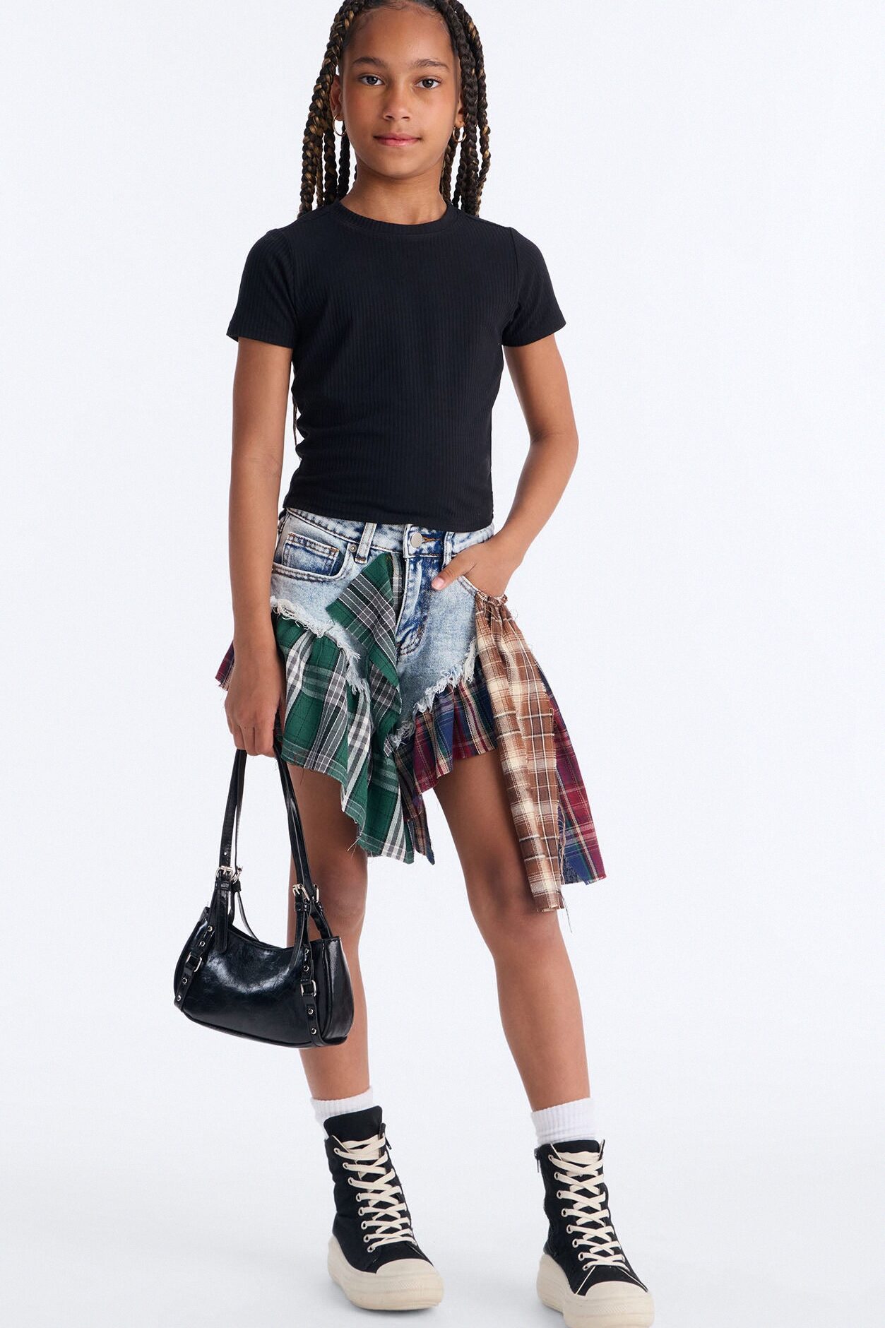 Mini High Impact Plaid Denim Shorts - Light Wash