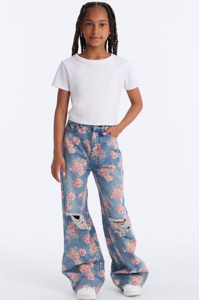 Mini You Grow Girl Ripped Wide Leg Jeans - Vintage Wash