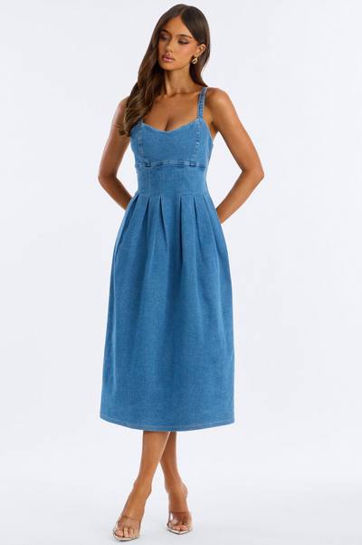Greta Pleated Denim Midi Dress - Medium Wash
