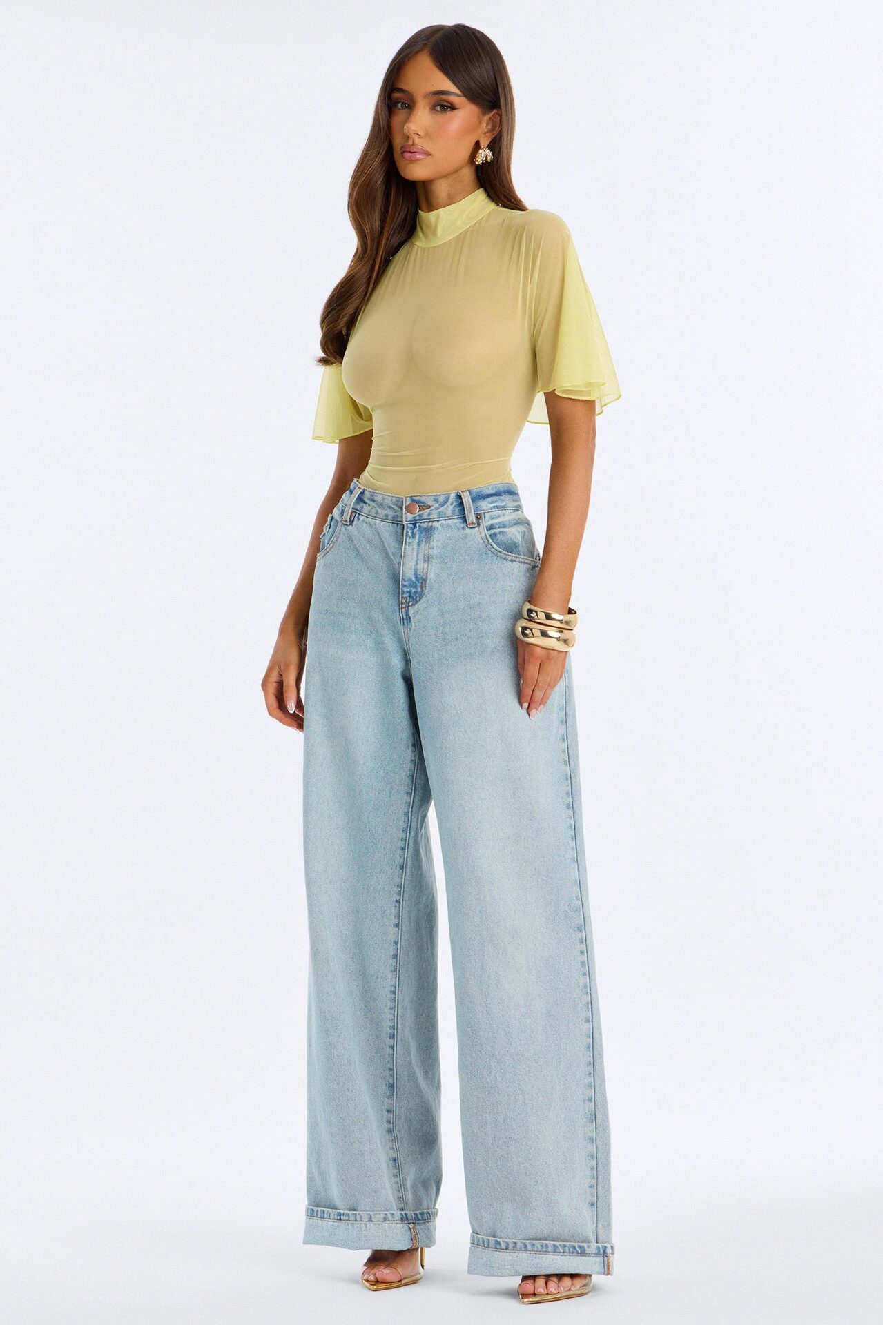 Natalie Mesh Mock Neck Ruffle Sleeve Bodysuit - Butter Yellow