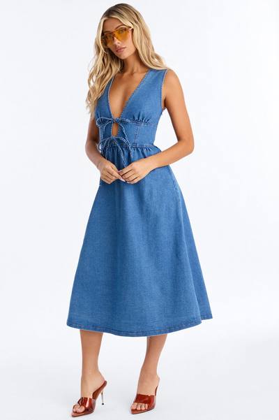 Rory Pleated Denim Midi Dress - Medium Wash