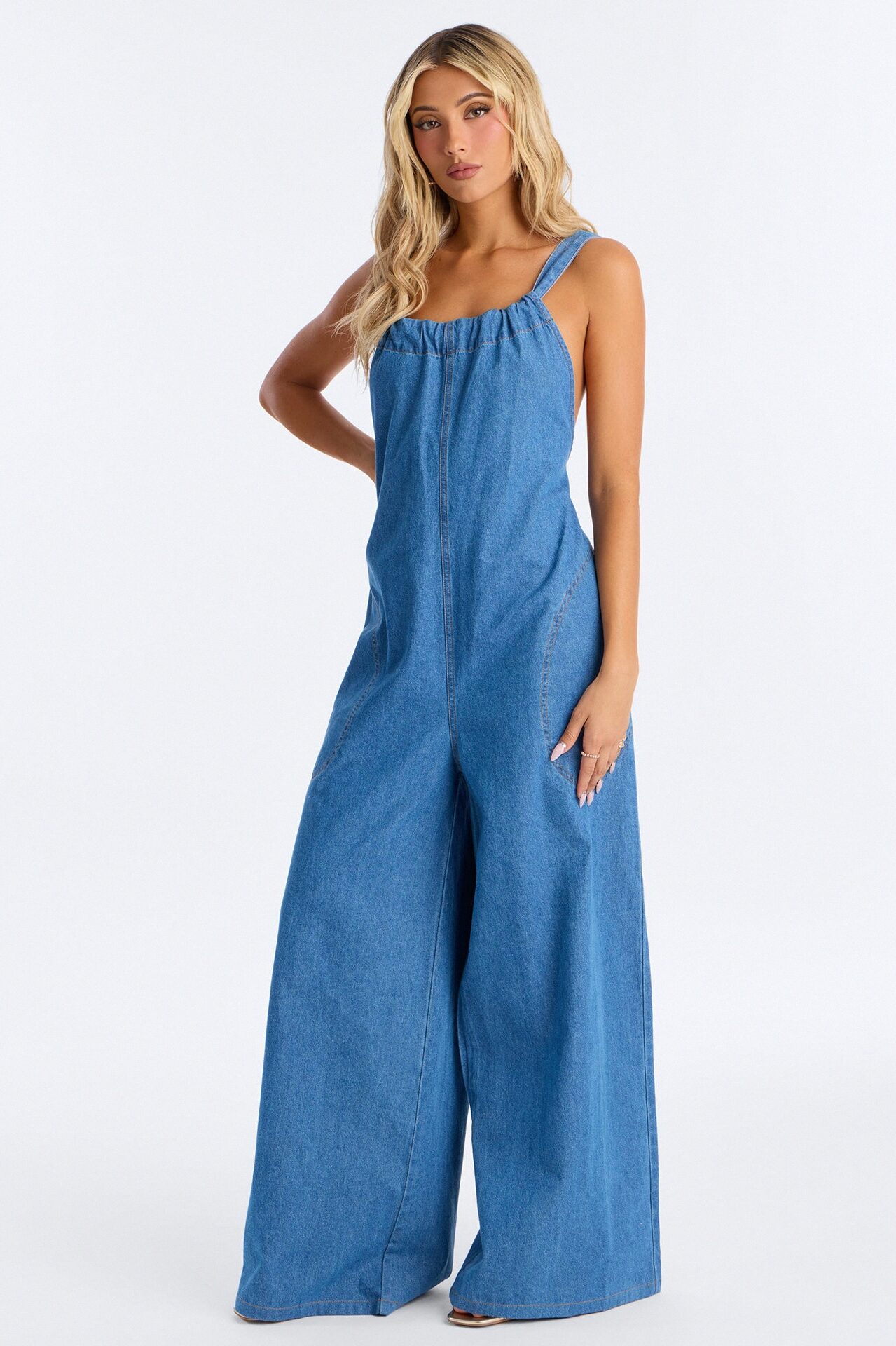 Back Tie Blues Wide Leg Jumpsuit - Medium Wash
