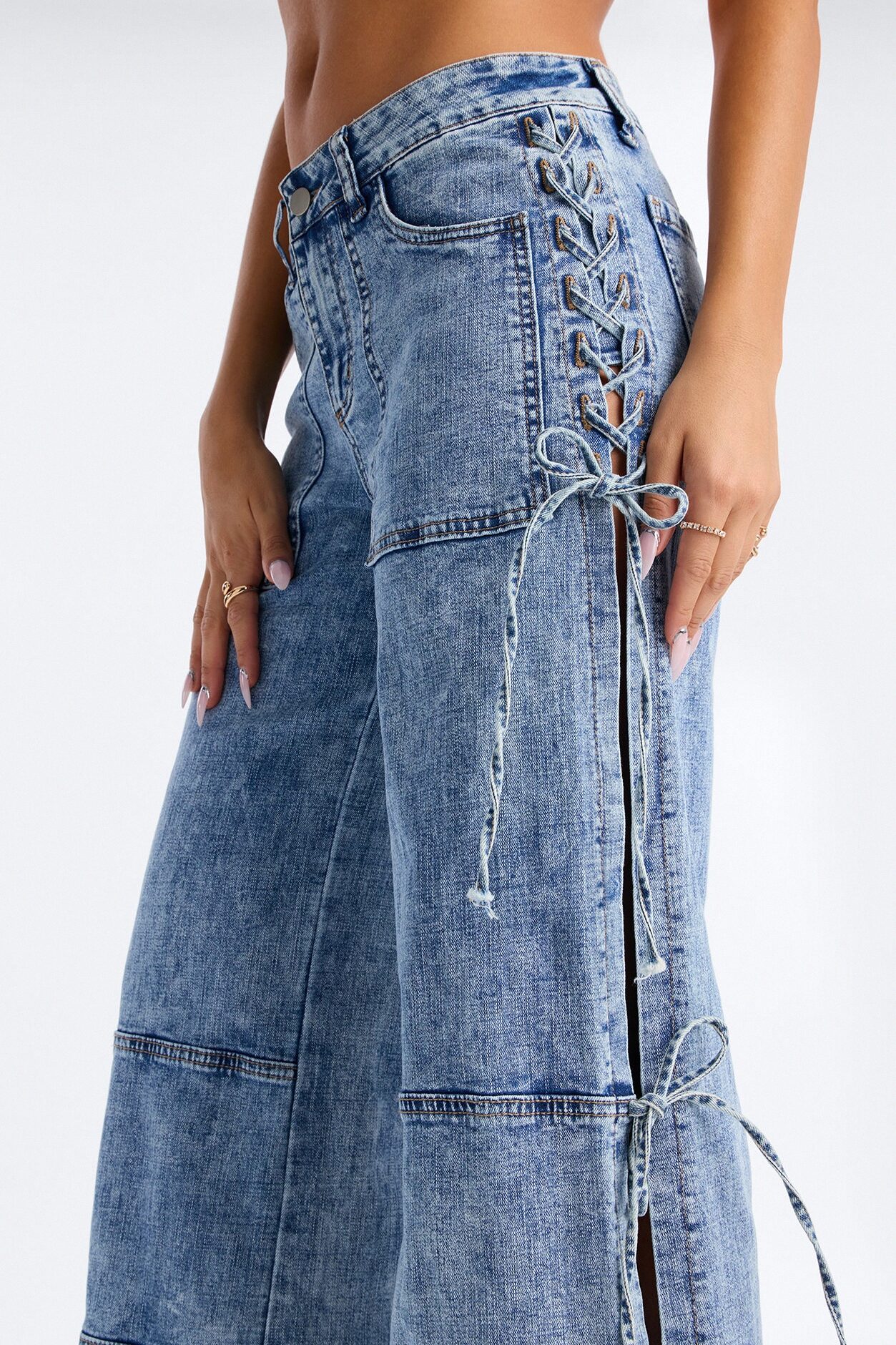 Pull Through Lace Up Stretch Tie Jeans - Medium Wash