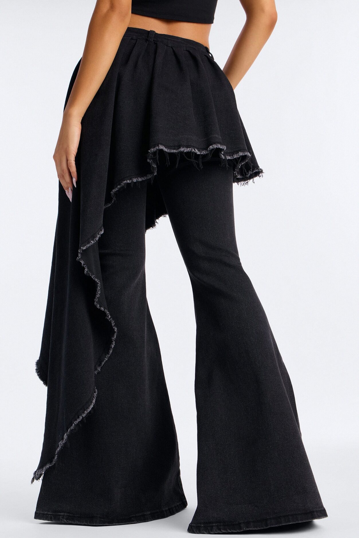 Attachment Issues Skirt Layer Ripped Stretch Flare Jeans - Black Wash