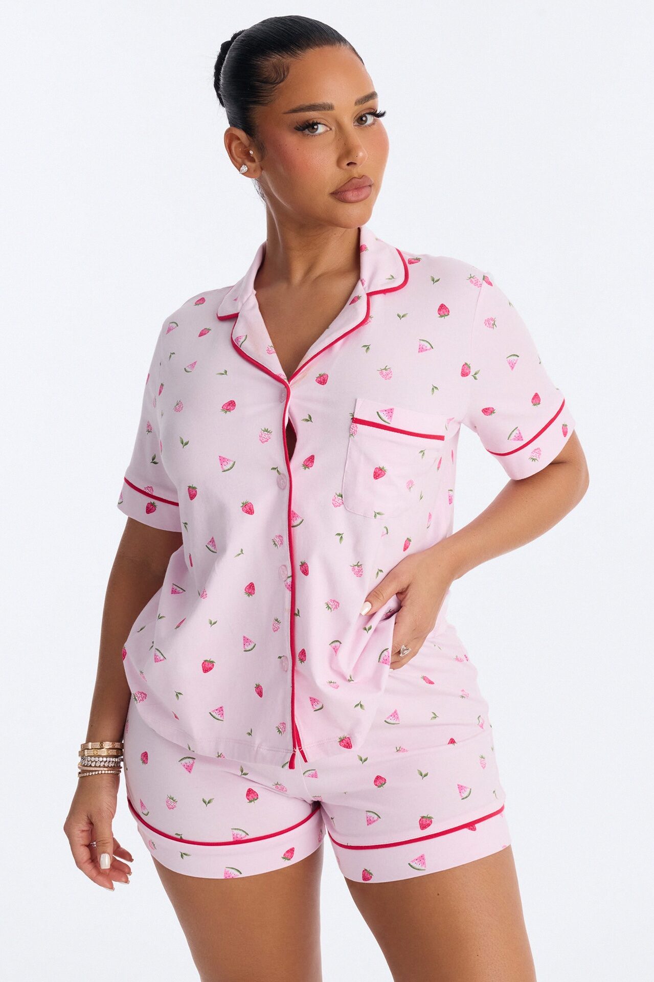 Summer Days Fruit Notch Collar PJ Short Set - Pink/combo