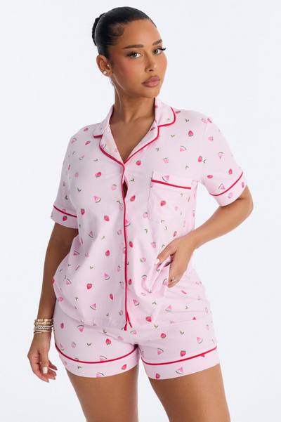 Summer Days Fruit Notch Collar PJ Short Set - Pink/combo