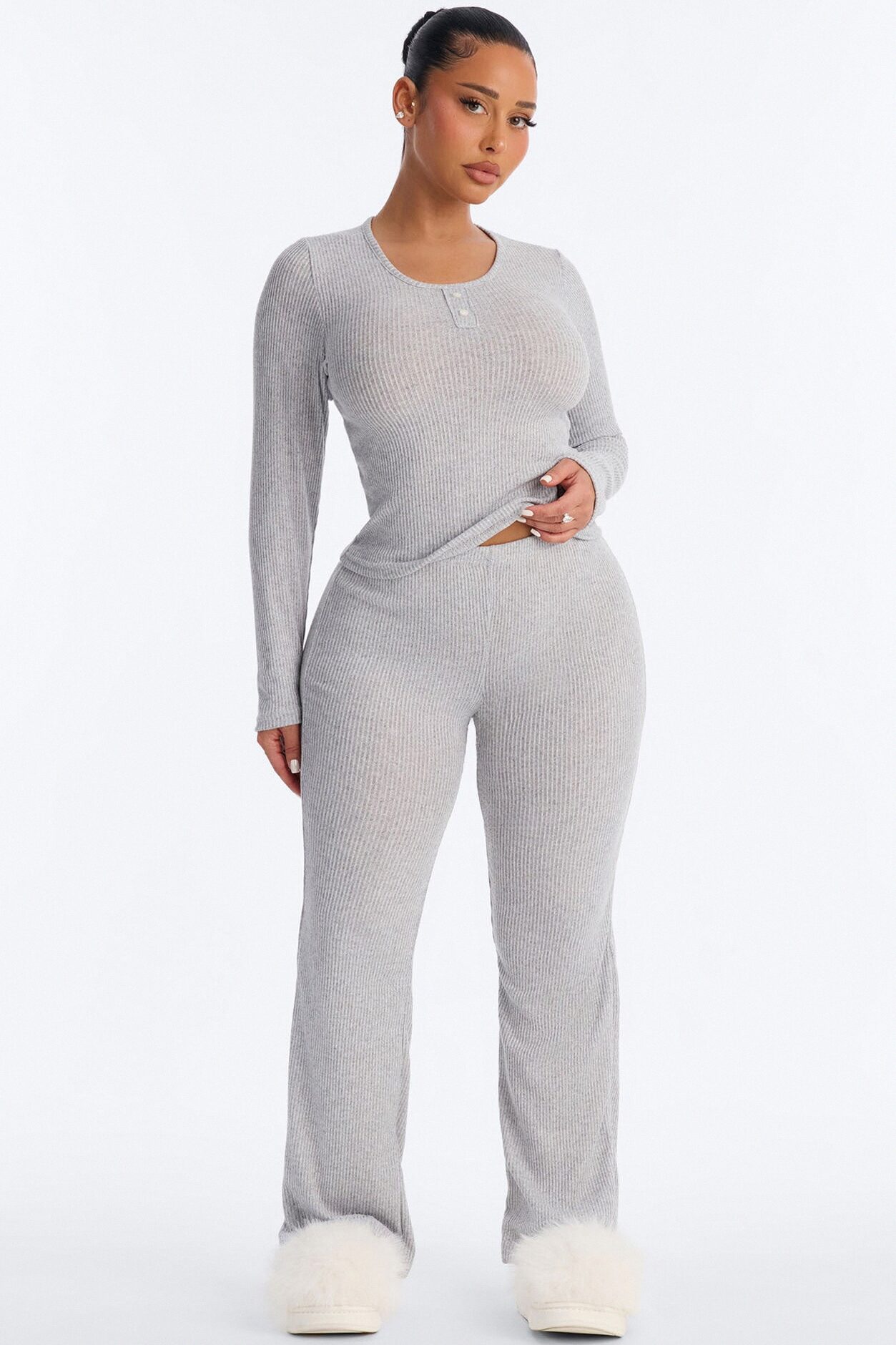 Slumber Haven Ribbed Long Sleeve PJ Pant Set - Heather Grey
