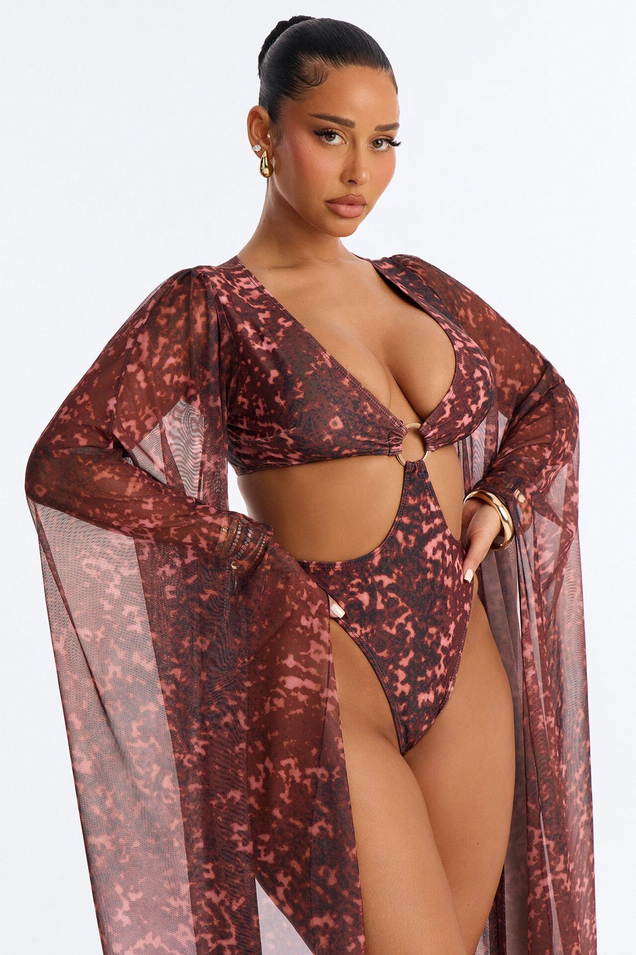 Expand My Horizons Flare Long Sleeves O-Ring Cut Out 1 Piece Swimsuit - Burgundy