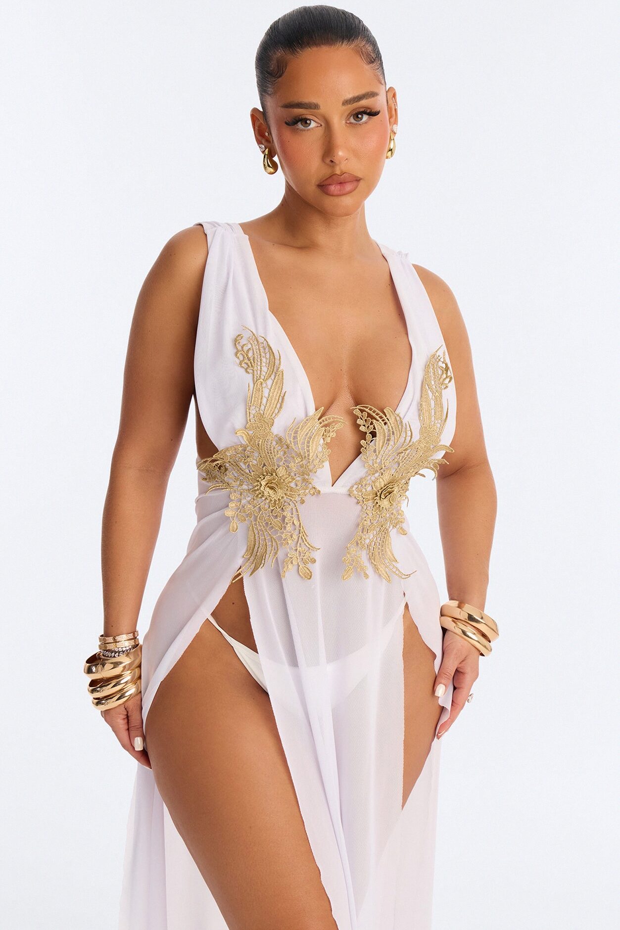 Leslie Applique High Slit Cover Up Dress - White