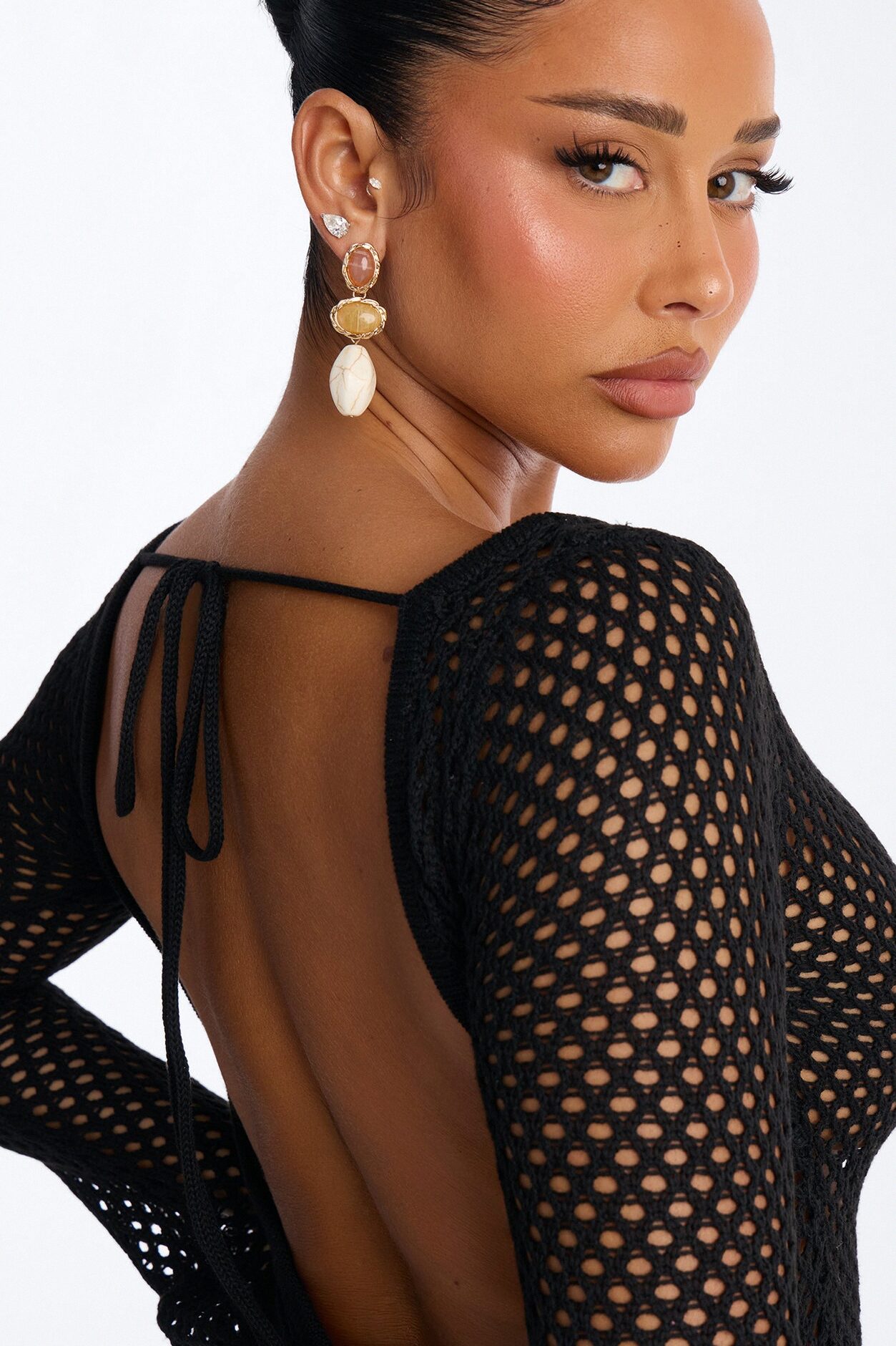 Cassie Crochet Deep Scoop Backless Cover Up Dress - Black