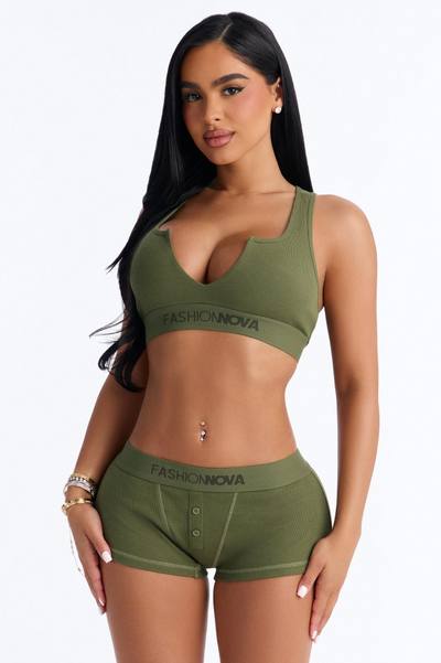 Mood Cotton Bralette Boxer Short Ribbed Set - Olive
