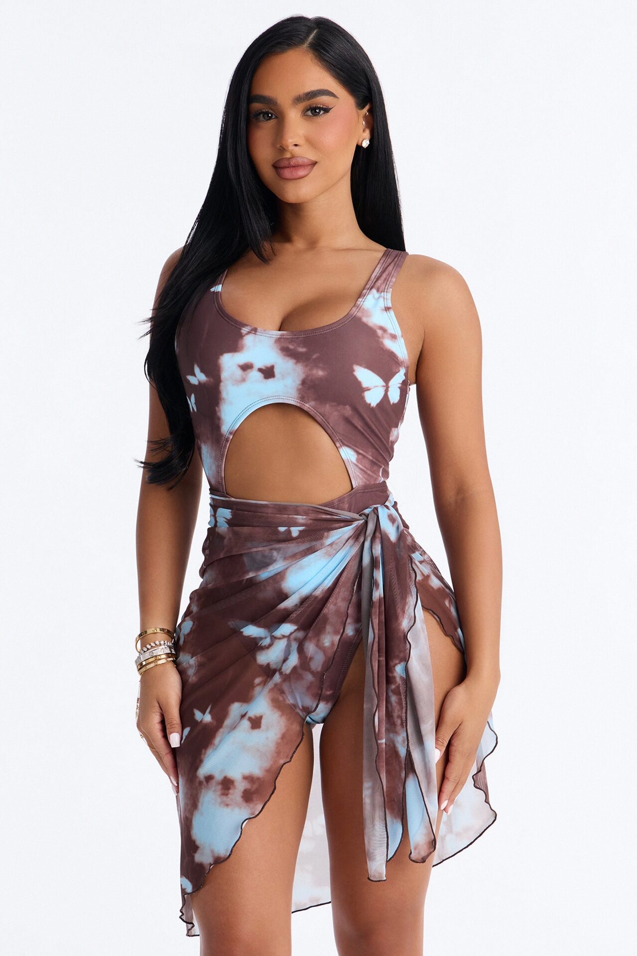 Monarch Wave Stretch 1 Piece Butterfly Tie Dye Front Cut Out Swimsuit With Sarong - Brown/combo