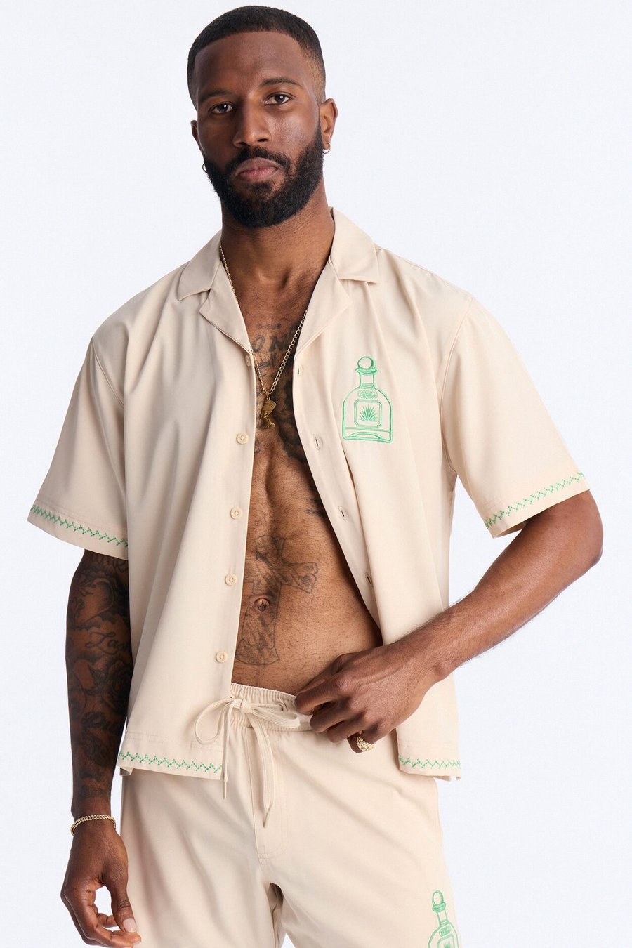 Agave Palm Embroidered Cuban Collar Button Up Shirt - White