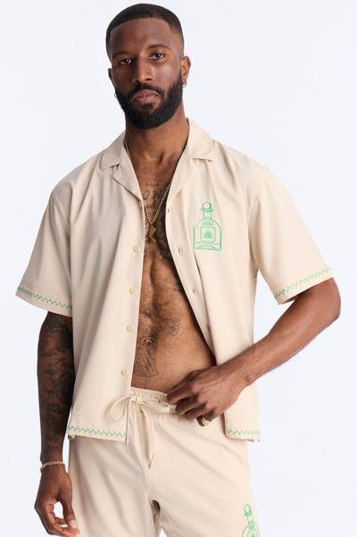 Agave Palm Embroidered Cuban Collar Button Up Shirt - White